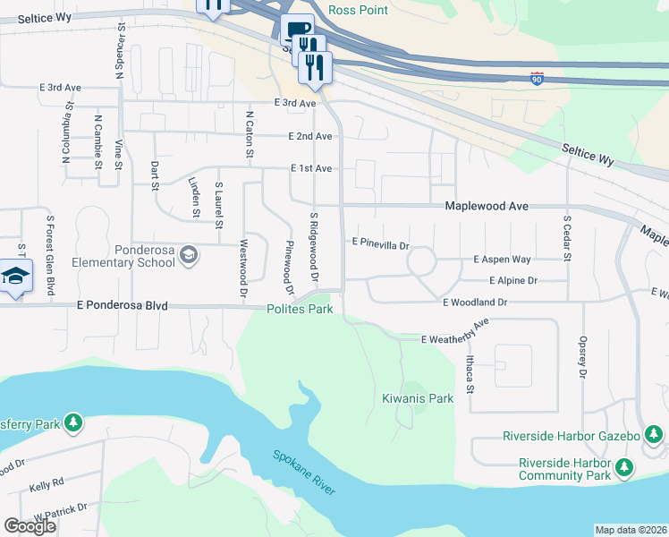 map of restaurants, bars, coffee shops, grocery stores, and more near 309 South Ridgewood Drive in Post Falls