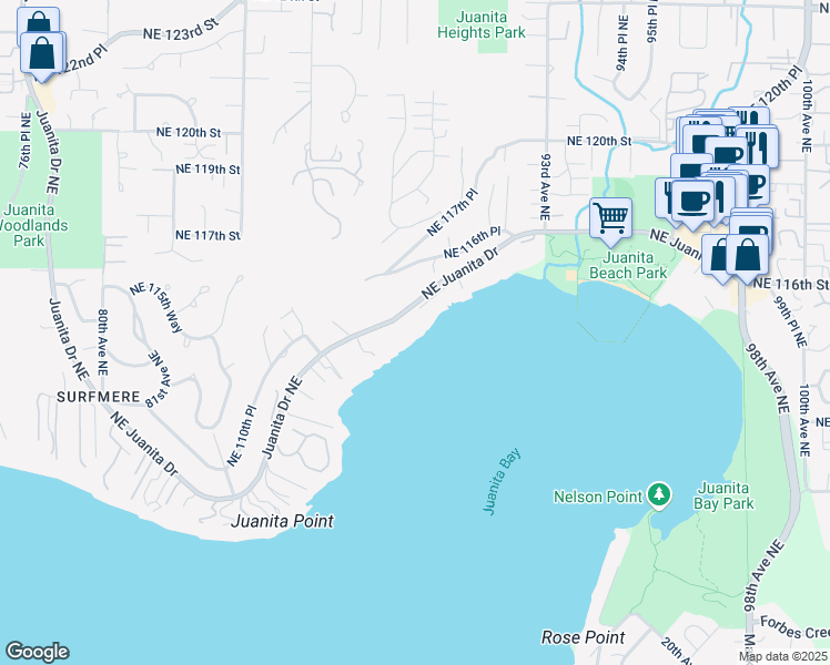 map of restaurants, bars, coffee shops, grocery stores, and more near 8837 Northeast Juanita Drive in Kirkland