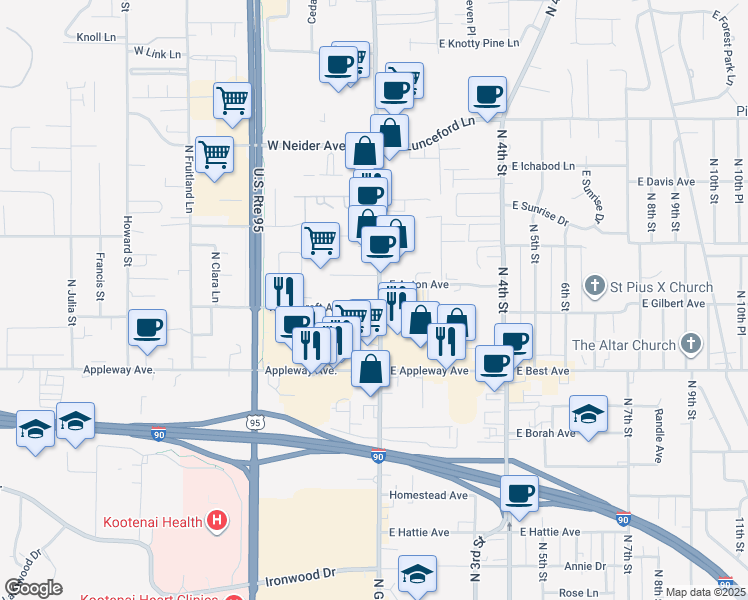 map of restaurants, bars, coffee shops, grocery stores, and more near 2923 North Government Way in Coeur d'Alene