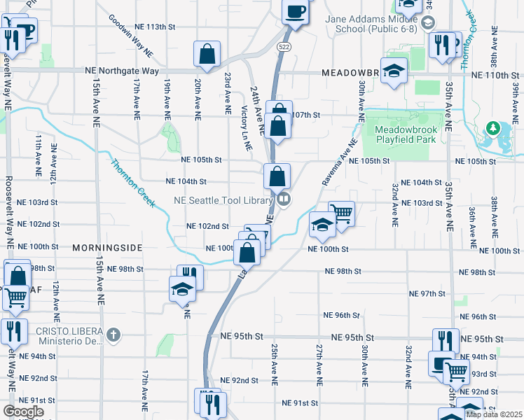 map of restaurants, bars, coffee shops, grocery stores, and more near 10215 Lake City Way Northeast in Seattle