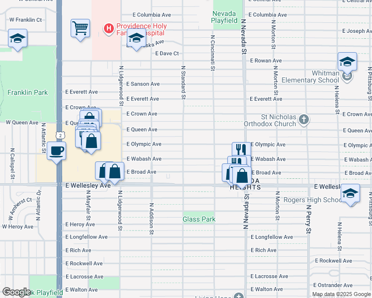 map of restaurants, bars, coffee shops, grocery stores, and more near 604 East Olympic Avenue in Spokane