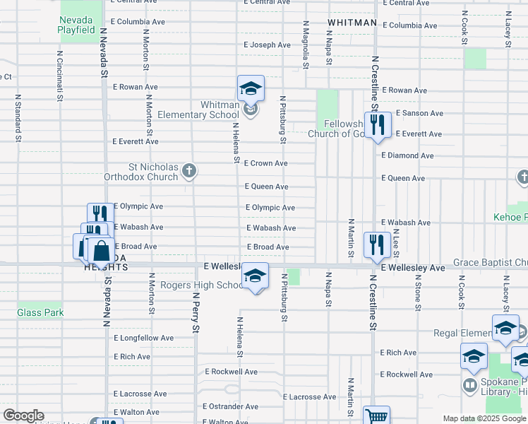 map of restaurants, bars, coffee shops, grocery stores, and more near 1636 East Olympic Avenue in Spokane