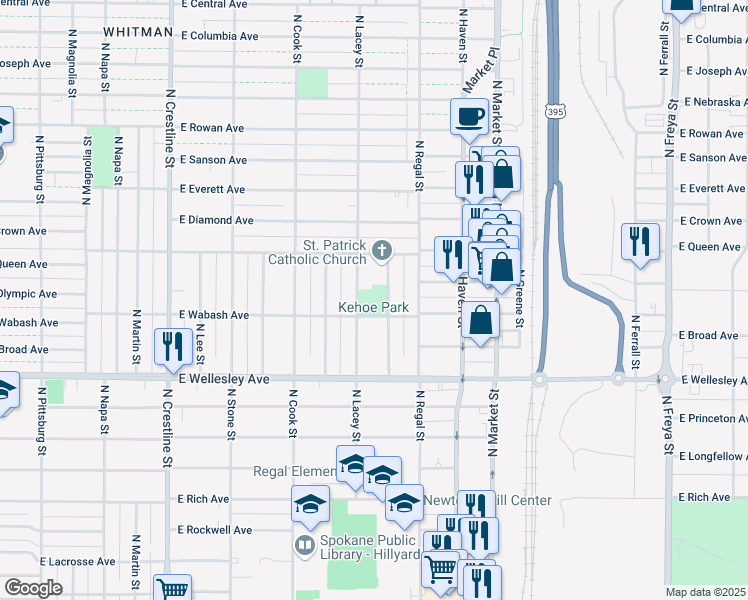 map of restaurants, bars, coffee shops, grocery stores, and more near 4903 North Nelson Street in Spokane