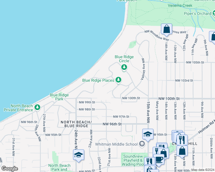 map of restaurants, bars, coffee shops, grocery stores, and more near 10222 Belgrove Court Northwest in Seattle