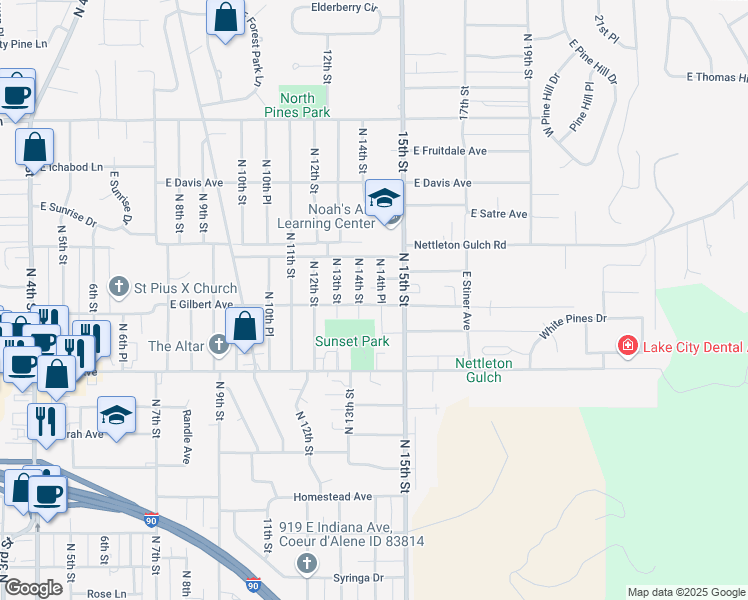 map of restaurants, bars, coffee shops, grocery stores, and more near 2810 North 14th Place in Coeur d'Alene