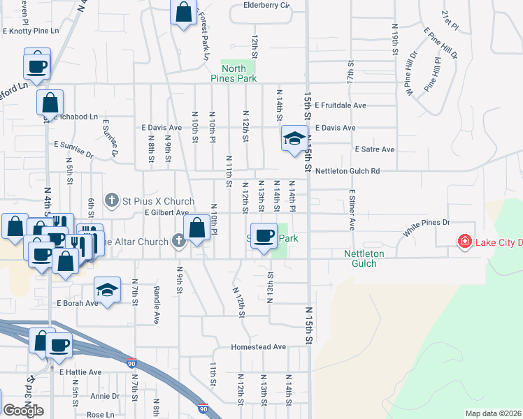 map of restaurants, bars, coffee shops, grocery stores, and more near 2806 North 13th Street in Coeur d'Alene