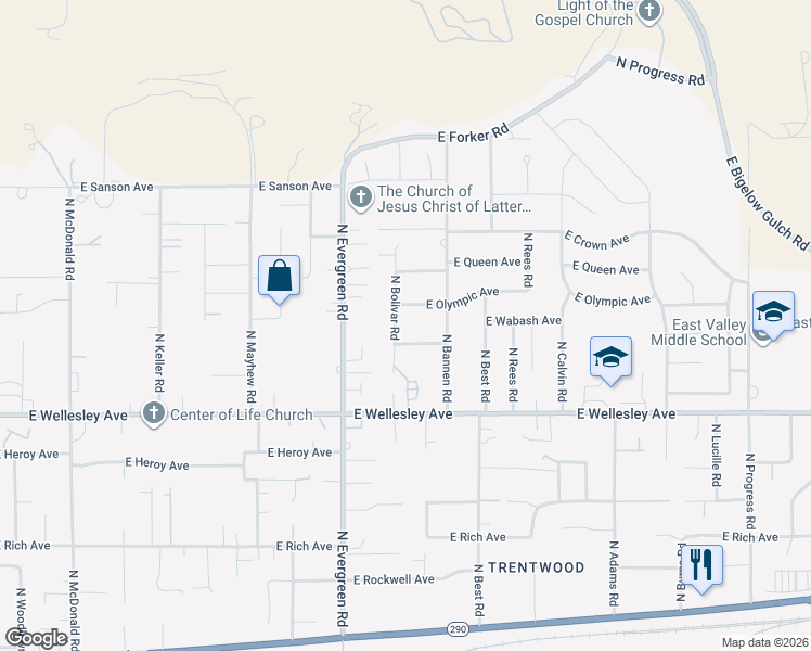 map of restaurants, bars, coffee shops, grocery stores, and more near 14104 East Olympic Avenue in Spokane Valley