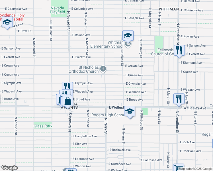 map of restaurants, bars, coffee shops, grocery stores, and more near 1326 East Olympic Avenue in Spokane