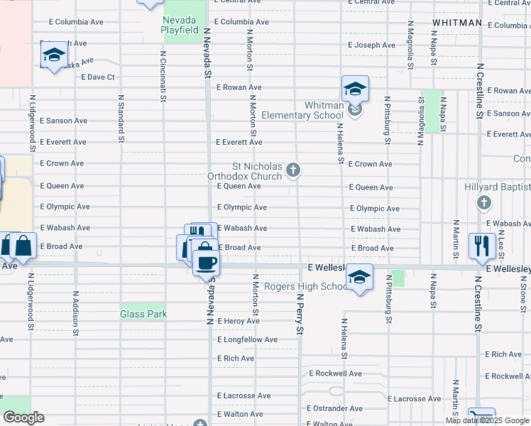 map of restaurants, bars, coffee shops, grocery stores, and more near 1211 East Olympic Avenue in Spokane