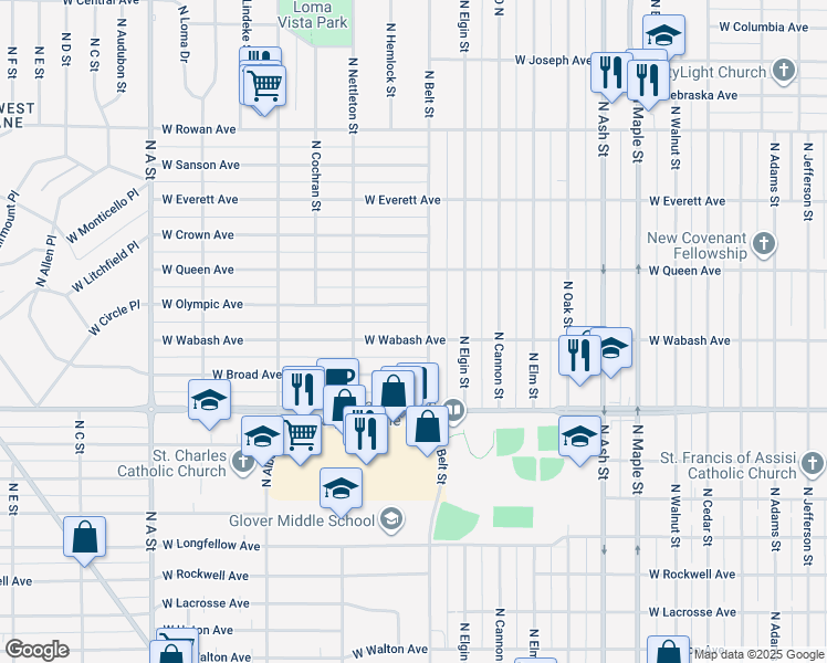 map of restaurants, bars, coffee shops, grocery stores, and more near 2218 West Wabash Avenue in Spokane