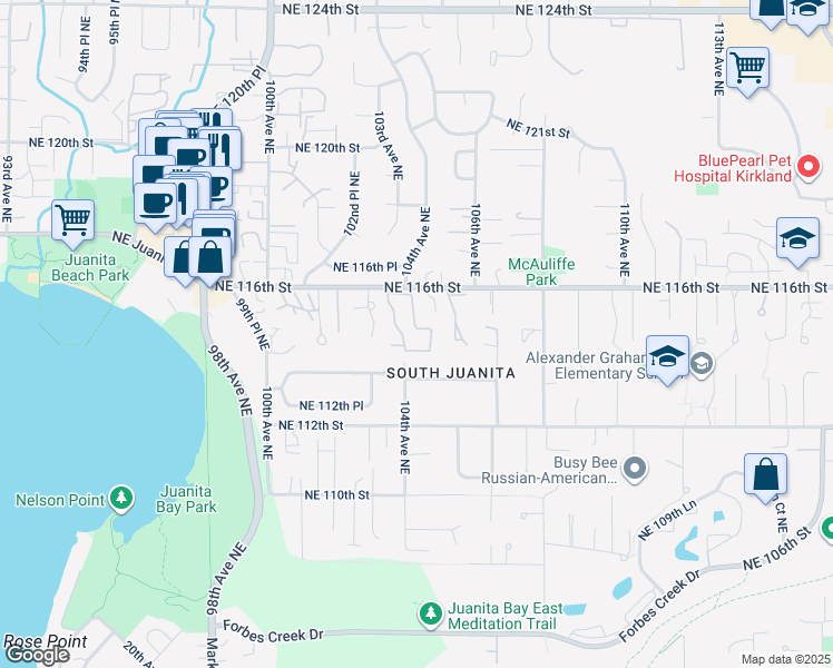 map of restaurants, bars, coffee shops, grocery stores, and more near 10422 Northeast 115th Place in Kirkland