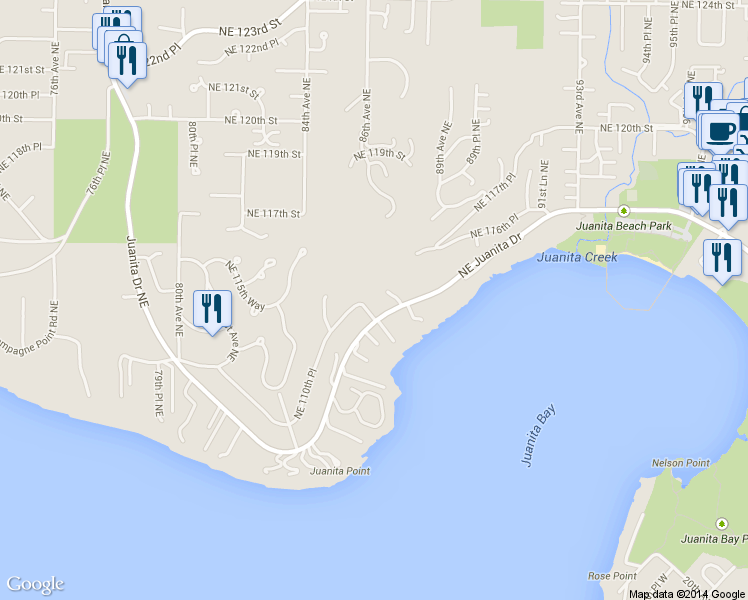 map of restaurants, bars, coffee shops, grocery stores, and more near 8630 Northeast Juanita Drive in Kirkland