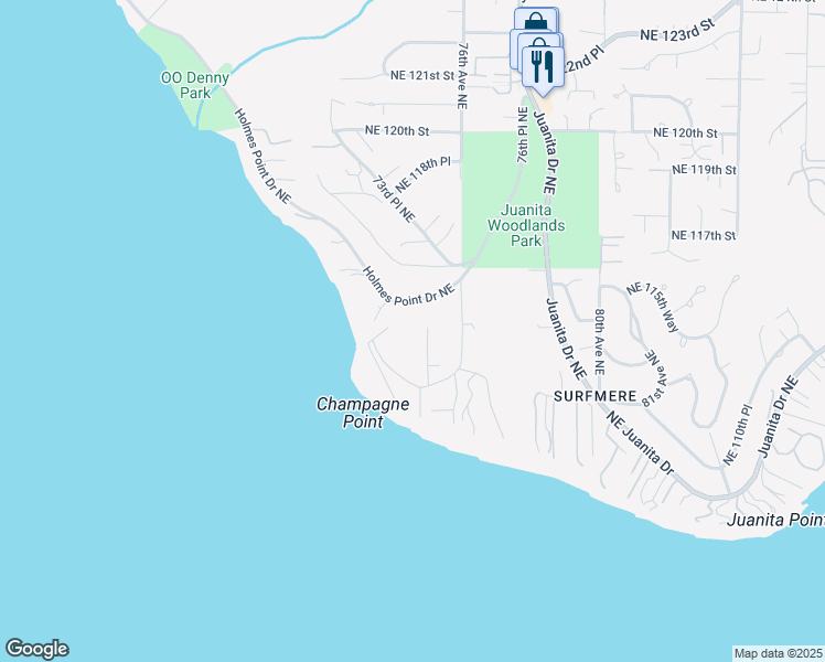 map of restaurants, bars, coffee shops, grocery stores, and more near 11259 Champagne Point Lane Northeast in Kirkland