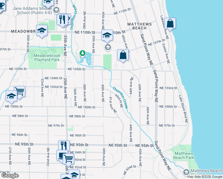 map of restaurants, bars, coffee shops, grocery stores, and more near 10056 43rd Place Northeast in Seattle