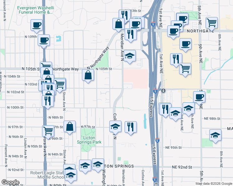 map of restaurants, bars, coffee shops, grocery stores, and more near in Seattle