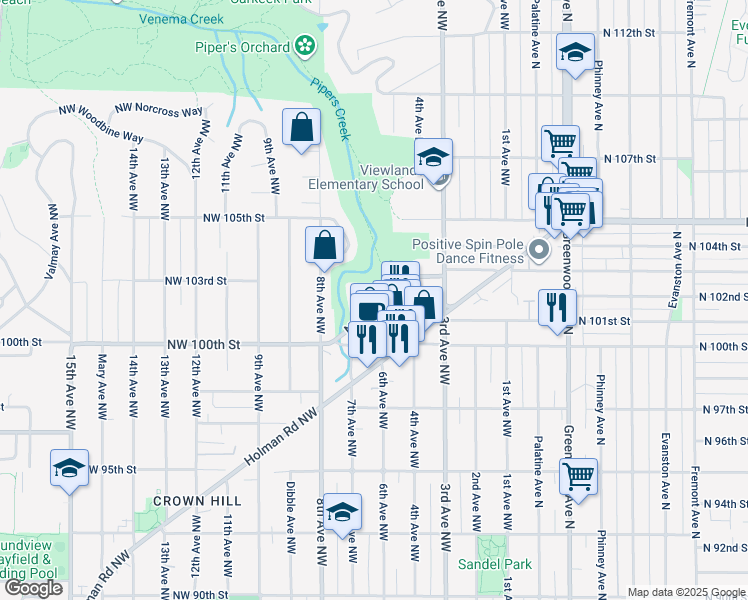 map of restaurants, bars, coffee shops, grocery stores, and more near in Seattle