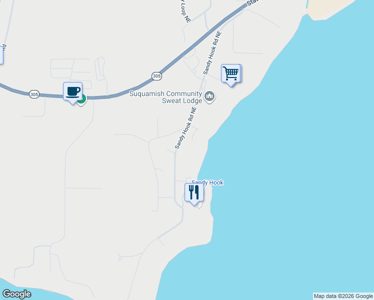 map of restaurants, bars, coffee shops, grocery stores, and more near 15560 Sandy Hook Road Northeast in Poulsbo