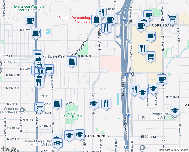 map of restaurants, bars, coffee shops, grocery stores, and more near 10049 College Way North in Seattle