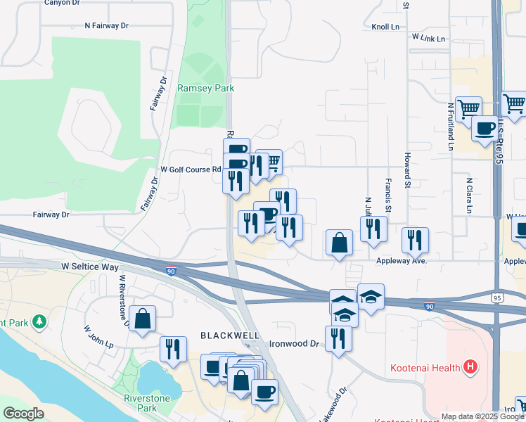 map of restaurants, bars, coffee shops, grocery stores, and more near 2712 North Ramsey Road in Coeur d'Alene