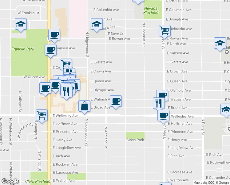 map of restaurants, bars, coffee shops, grocery stores, and more near 528 East Olympic Avenue in Spokane