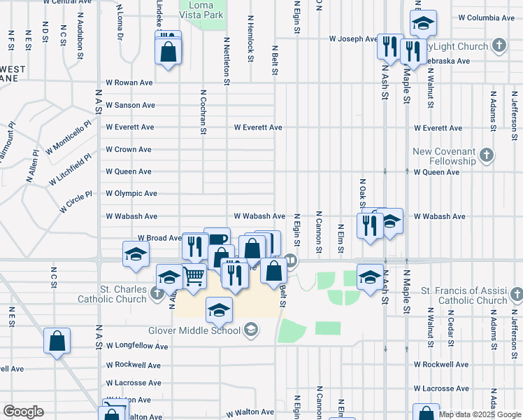 map of restaurants, bars, coffee shops, grocery stores, and more near 2218 West Wabash Avenue in Spokane