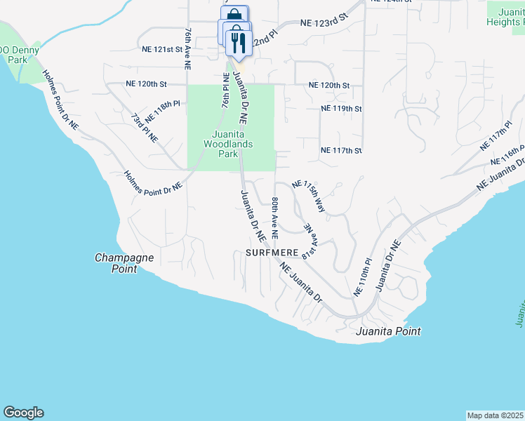 map of restaurants, bars, coffee shops, grocery stores, and more near 11425 79th Way Northeast in Kirkland