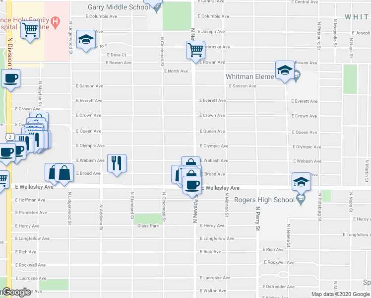 map of restaurants, bars, coffee shops, grocery stores, and more near 914 East Olympic Avenue in Spokane