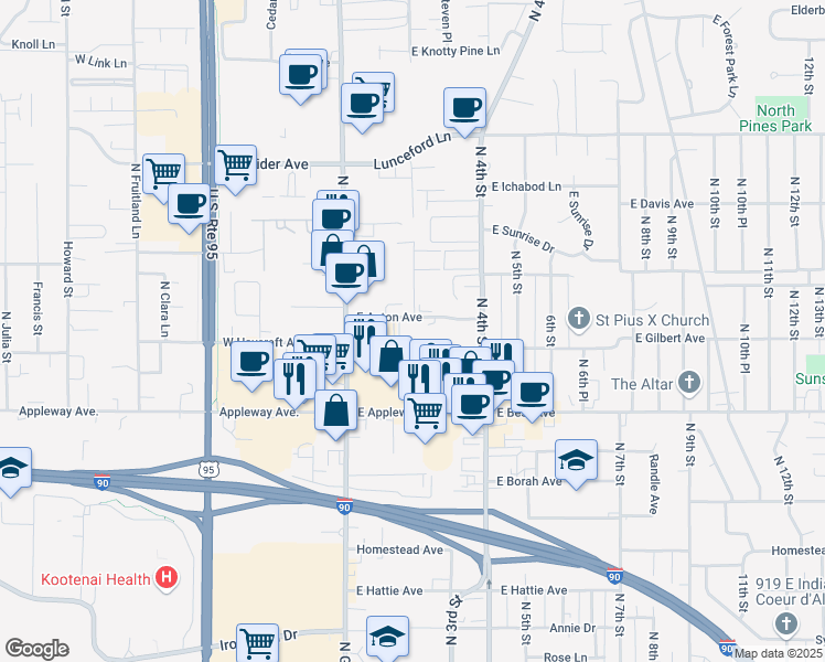map of restaurants, bars, coffee shops, grocery stores, and more near 202 East Anton Avenue in Coeur d'Alene