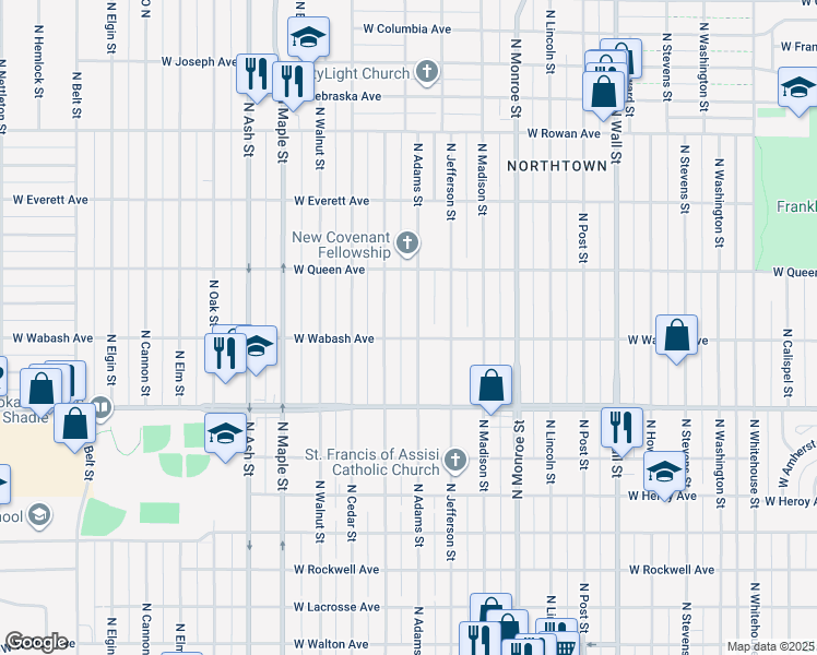 map of restaurants, bars, coffee shops, grocery stores, and more near 4909 North Adams Street in Spokane