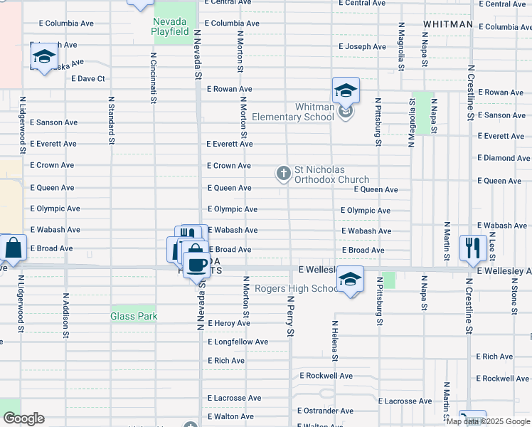 map of restaurants, bars, coffee shops, grocery stores, and more near 1228 East Olympic Avenue in Spokane