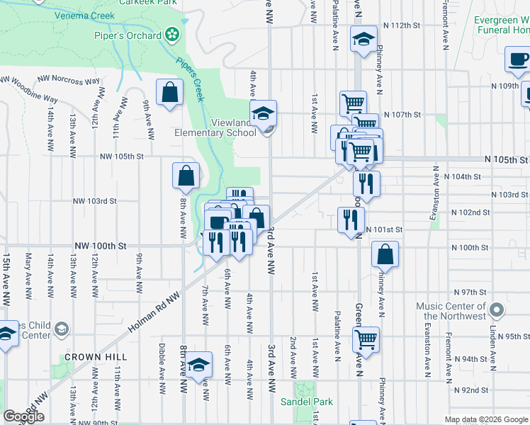map of restaurants, bars, coffee shops, grocery stores, and more near 10125 3rd Avenue Northwest in Seattle