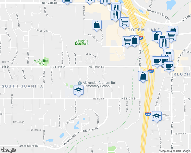 map of restaurants, bars, coffee shops, grocery stores, and more near 11421 Northeast 116th Street in Kirkland