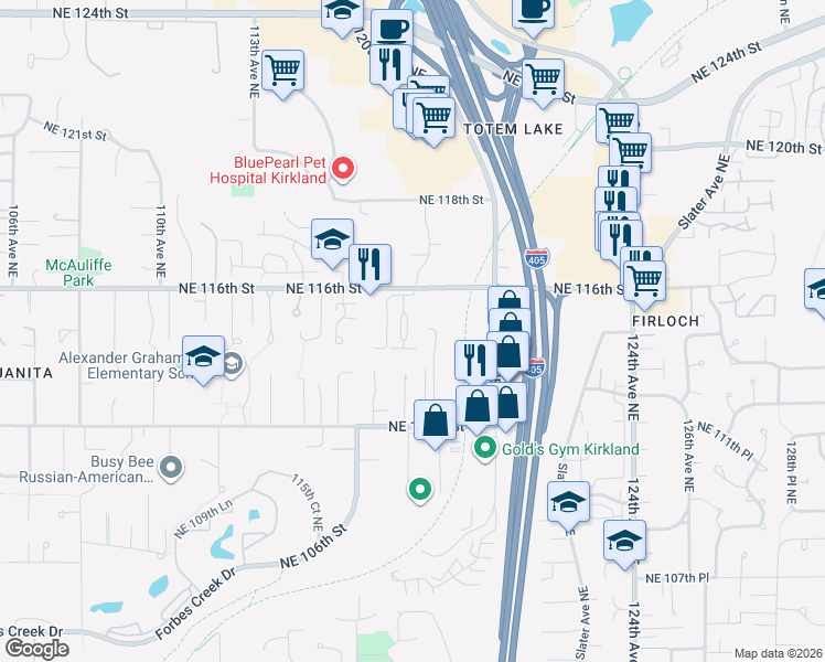 map of restaurants, bars, coffee shops, grocery stores, and more near 11518 117th Lane Northeast in Kirkland