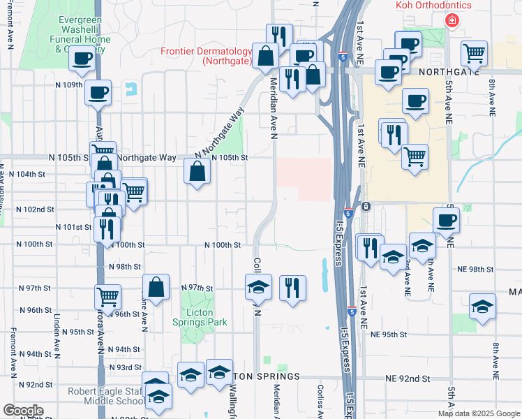 map of restaurants, bars, coffee shops, grocery stores, and more near 10049 College Way North in Seattle