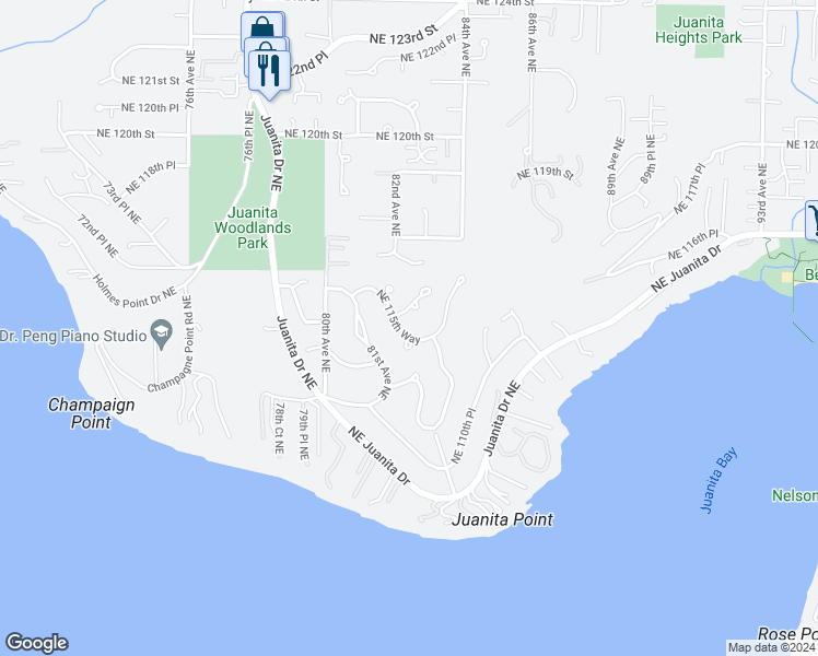 map of restaurants, bars, coffee shops, grocery stores, and more near 8218 Northeast 115th Way in Kirkland