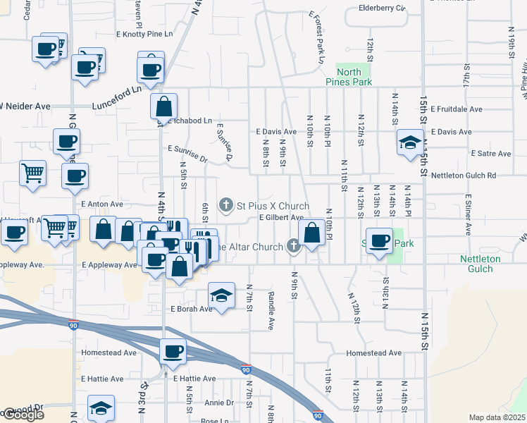 map of restaurants, bars, coffee shops, grocery stores, and more near 709 East Gilbert Avenue in Coeur d'Alene