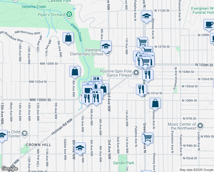 map of restaurants, bars, coffee shops, grocery stores, and more near 10125 3rd Avenue Northwest in Seattle
