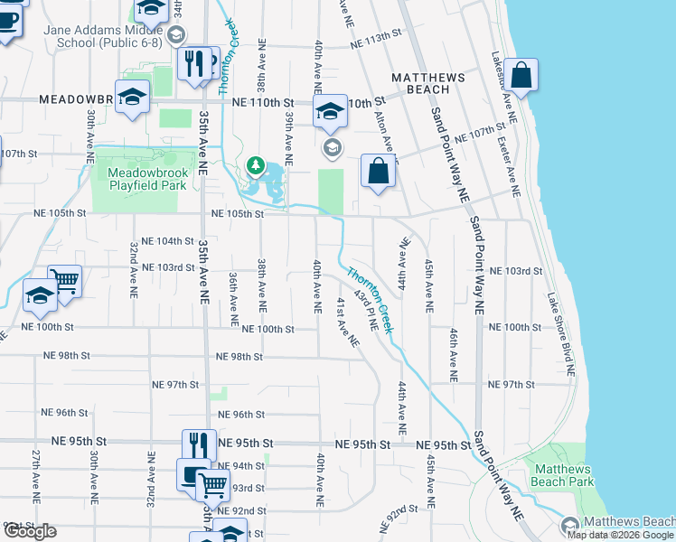 map of restaurants, bars, coffee shops, grocery stores, and more near 10056 43rd Place Northeast in Seattle