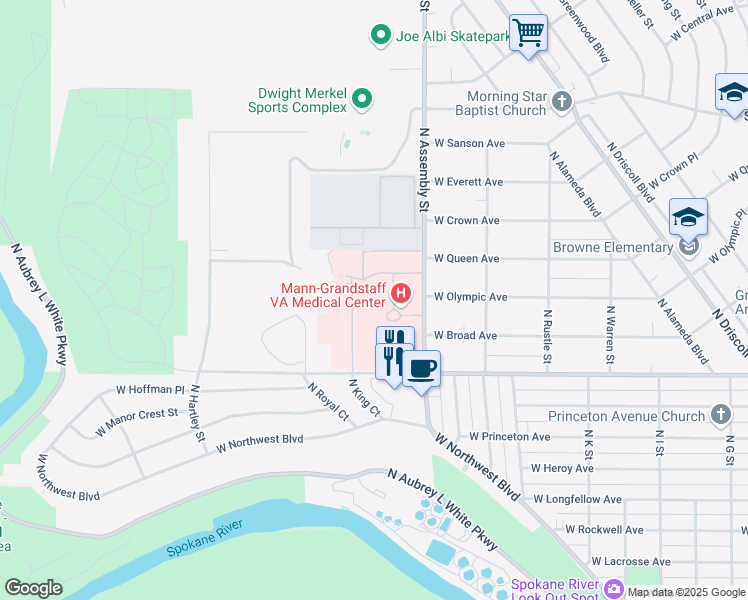 map of restaurants, bars, coffee shops, grocery stores, and more near 4815 North Assembly Street in Spokane