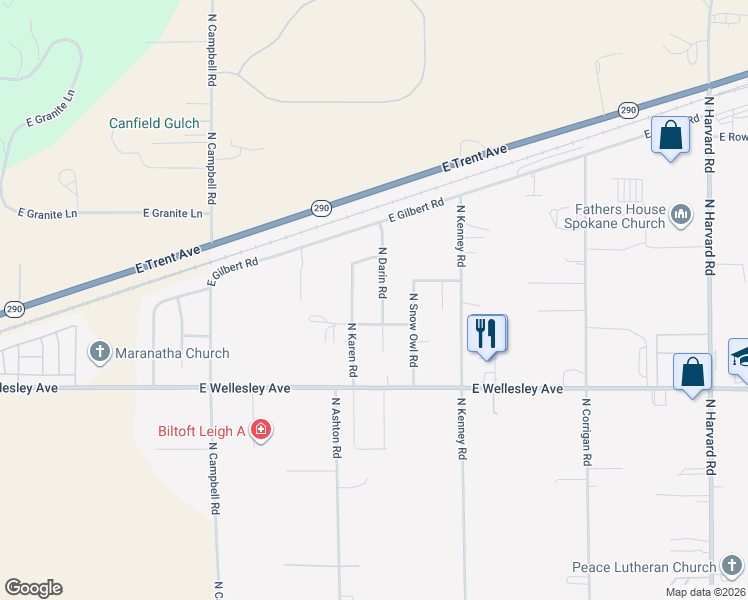 map of restaurants, bars, coffee shops, grocery stores, and more near 5015 N Darin Rd in Otis Orchards-East Farms