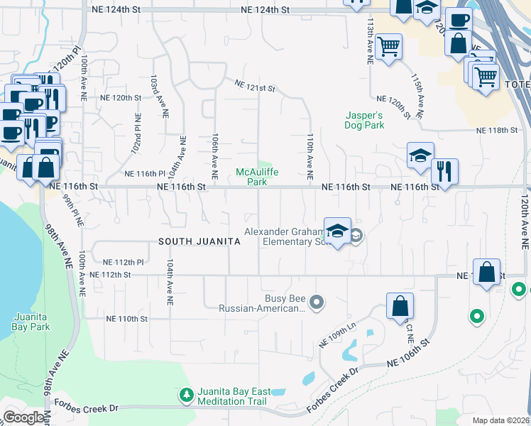 map of restaurants, bars, coffee shops, grocery stores, and more near 11428 108th Avenue Northeast in Kirkland