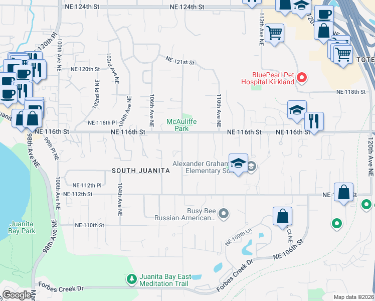 map of restaurants, bars, coffee shops, grocery stores, and more near 11428 108th Avenue Northeast in Kirkland