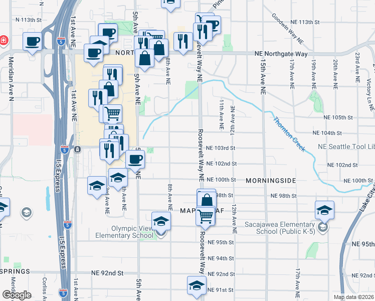 map of restaurants, bars, coffee shops, grocery stores, and more near 835 Northeast 103rd Street in Seattle