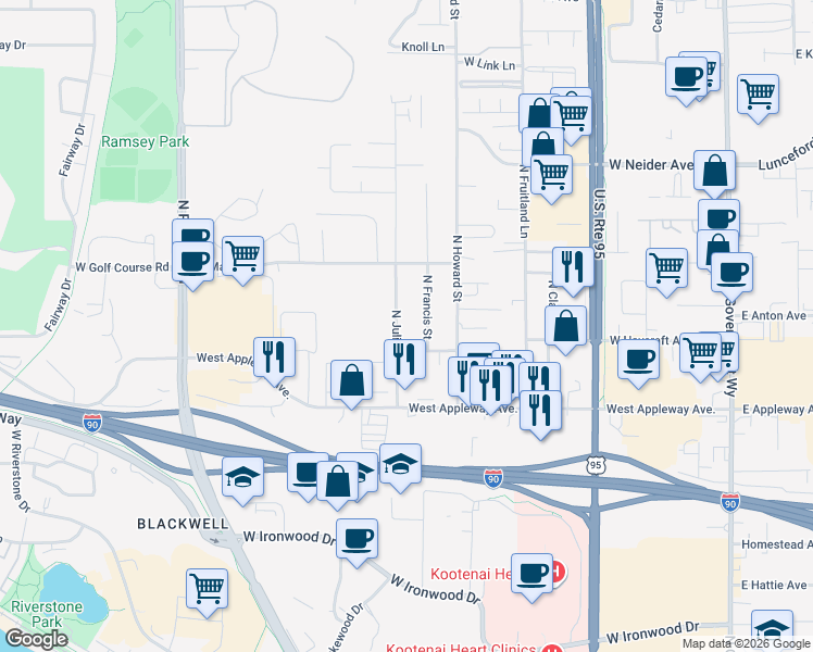 map of restaurants, bars, coffee shops, grocery stores, and more near 2812 North Julia Street in Coeur d'Alene