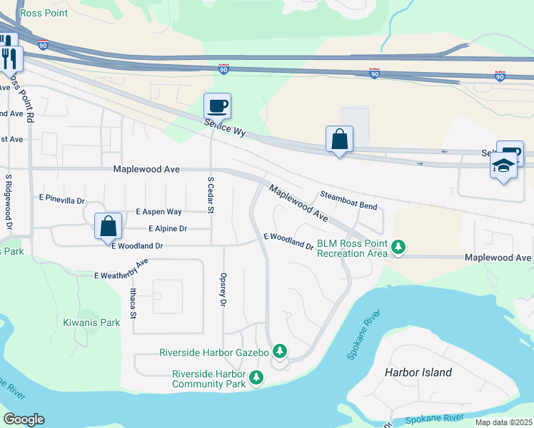 map of restaurants, bars, coffee shops, grocery stores, and more near 206 Harbor Park Court in Post Falls