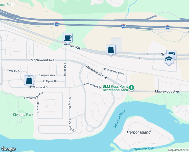 map of restaurants, bars, coffee shops, grocery stores, and more near 107 Harbor Park Court in Post Falls
