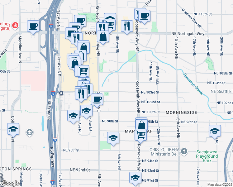 map of restaurants, bars, coffee shops, grocery stores, and more near 559 Northeast 103rd Street in Seattle