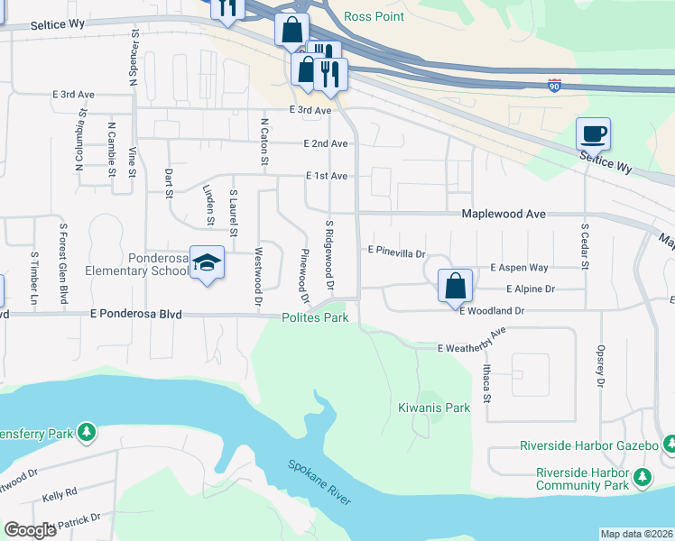 map of restaurants, bars, coffee shops, grocery stores, and more near 309 South Ridgewood Drive in Post Falls