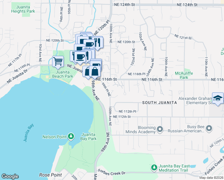 map of restaurants, bars, coffee shops, grocery stores, and more near 11414 99th Place Northeast in Kirkland