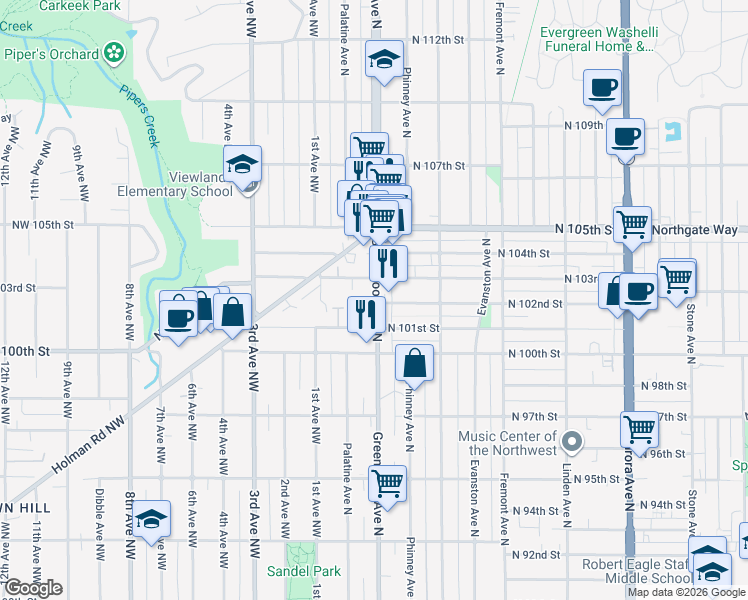 map of restaurants, bars, coffee shops, grocery stores, and more near in Seattle